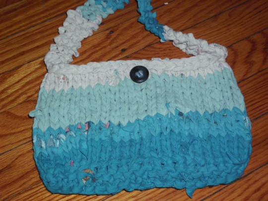 white and blue striped purse, knit out of recycled t-shirts